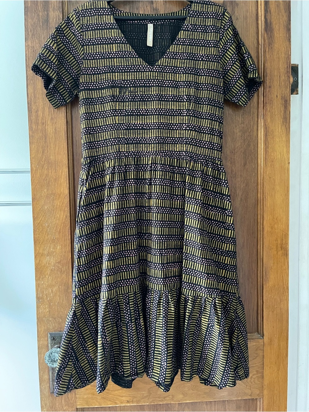 Mata Traders Black and Gold Striped V-Neck fitted bodice Dress